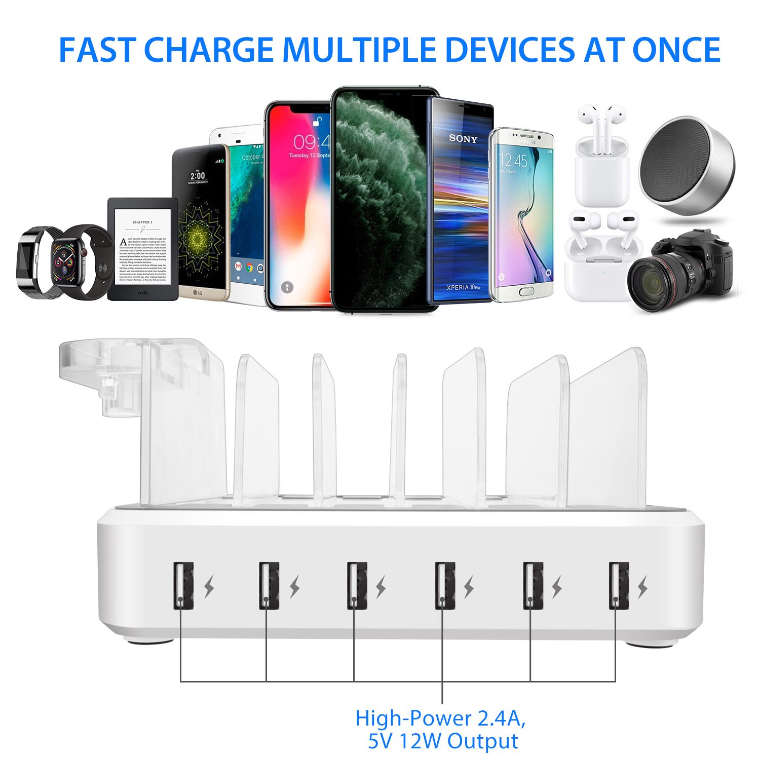 Charging 6-Ports Docking Station with 7 Mixed Cables Compatible for Iphone, IPad,Iwatch, Ipod, Cellphone & Tablet - Image 2