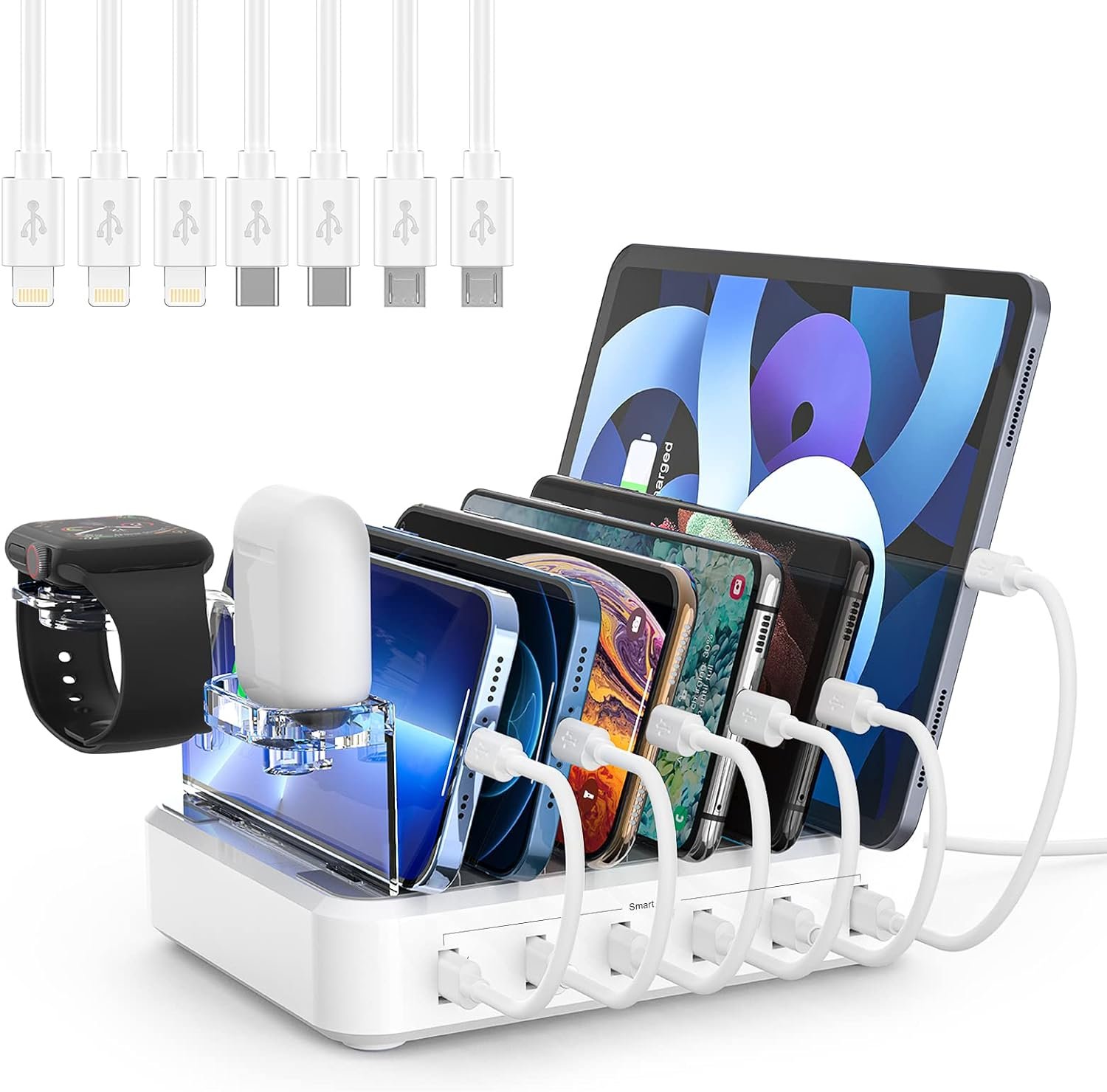 Charging 6-Ports Docking Station with 7 Mixed Cables Compatible for Iphone, IPad,Iwatch, Ipod, Cellphone & Tablet
