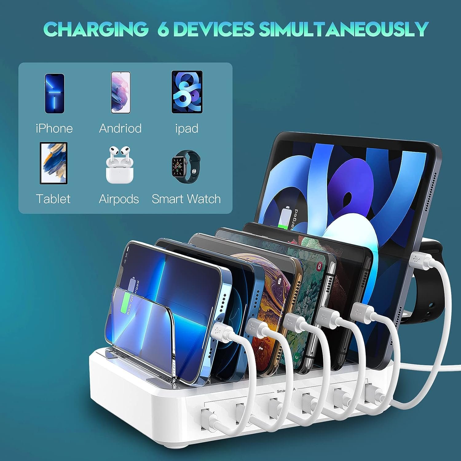 Charging 6-Ports Docking Station with 7 Mixed Cables Compatible for Iphone, IPad,Iwatch, Ipod, Cellphone & Tablet - Image 6